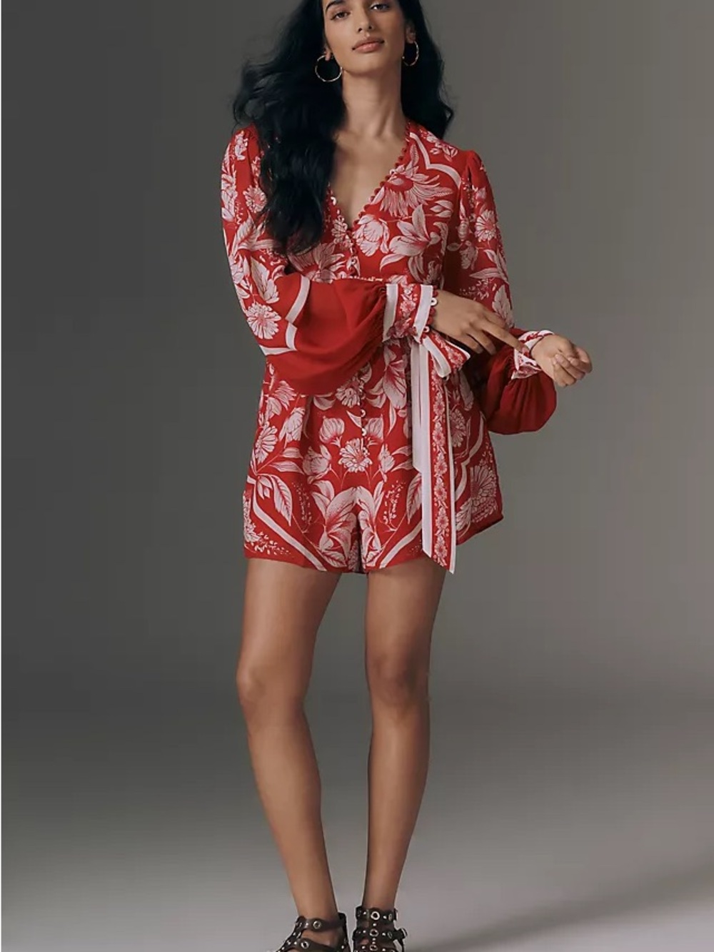 FARM Rio Red Belted V-Neck Balloon-Sleeve Romper-XXS-NWT